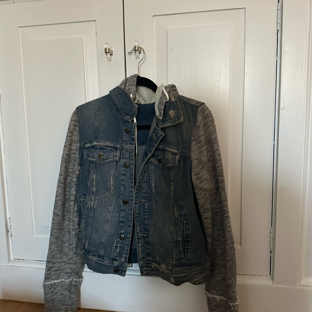 Free People Blue Jean Jacket with Gray Sleeves